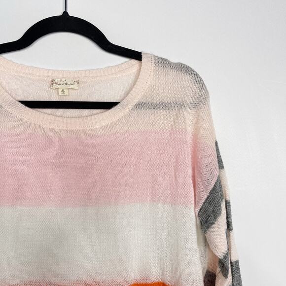 New Hem & Thread Medium Pink Orange Gray Striped Lightweight Sweater Crew Neck - Picture 4 of 10